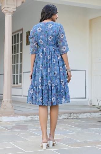 Image of Janasya Women's Poly Georgette Floral Flared Western Dress