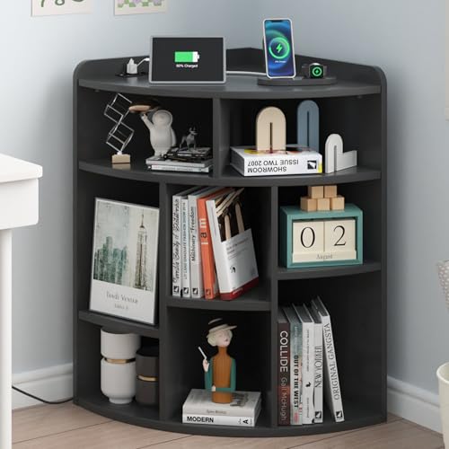VECELO Corner Cube Shelf with USB Ports & Outlets Modern Corner Toy Storage Rack with Adjustable Shlef Wooden Display Bookshelf Bookcase for Living Room Bedroom Dining Room Kitchen Black