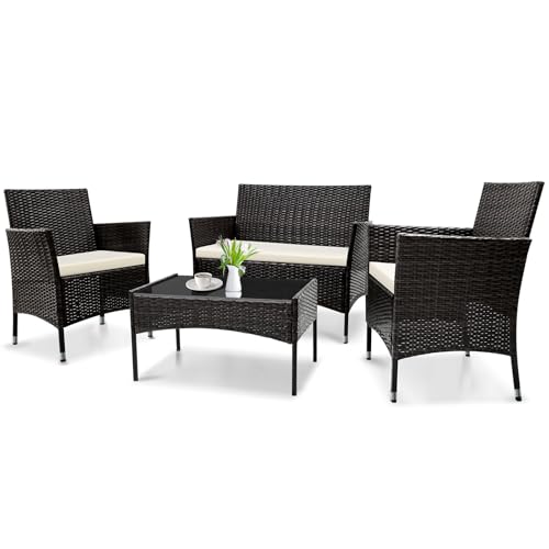 Image of Patio Furniture Set, 4 Piece Sectional Conversation Sofa, Outdoor Wicker Rattan Table and Chairs with Thick Cushion for Garden, Yard, or Porch