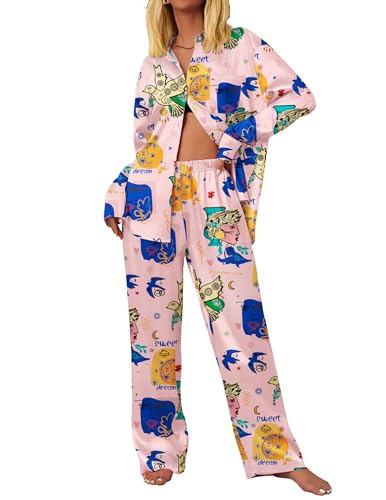 Ekouaer Womens Satin Silky Pajama Set 2 Piece Print PJs Soft Loungewear Button Down Sleepwear with Elastic Waist Long Pants