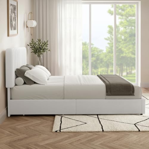 Image of VECELO Full Size Upholstered Bed Frame with 4 Drawers and Headboard, Velvet Platform Storage Bedframe, Wooden Slats Support, No Box Spring Needed,White