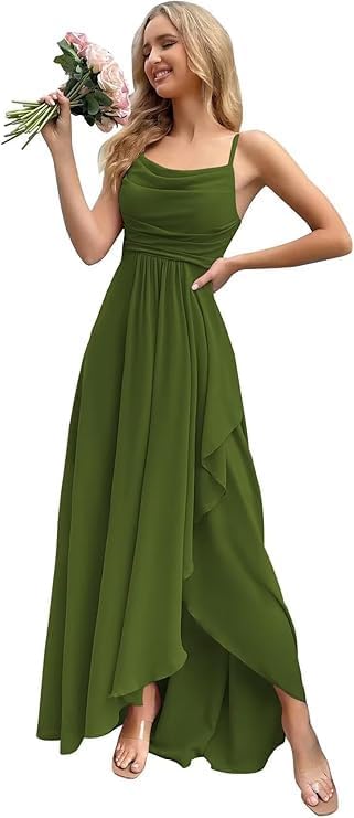 Women's Spaghetti Straps Chiffon Bridesmaid Dresses with Slit for Wedding Cowl Neck Long Bridesamid Dress with Pocket