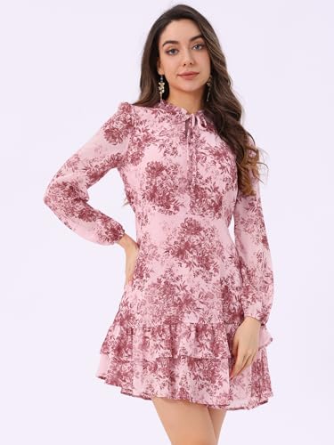 Image of Allegra K Women's Spring Dresses 2026 Tie V Neck Semi Sheer Long Sleeve Layered Tiered Chiffon Mini Floral Dress