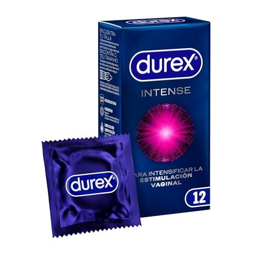 Durex Preservativos Intense, con Puntos y Estrías, con Gel Desirex, Sensación Calor, Frescor u Hormigueo, 12 condones