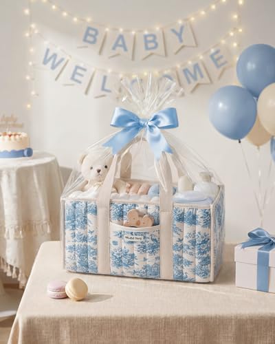 Image of Blissful Diary Toile Diaper Caddy Organizer, Baby Diaper Basket, Blue Toile