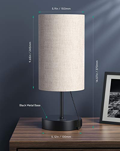 AUKEY Table Lamp, Fabric Shade Bedside Lamp with Warm White E26 LED Bulb and Dual USB Charging Ports for Bedrooms, Living Rooms, and Offices