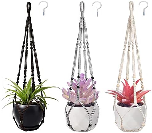 AKEIE Macrame Plant Hanger 3 Pack Indoor & Outdoor Wall Hanging Planter Rope + 3 Hooks Stylish Handmade Cotton Rope 35 Inch with Beaded and Non-Tassel Rope for Herbs Ferns Ivy Crawling Plants Planter