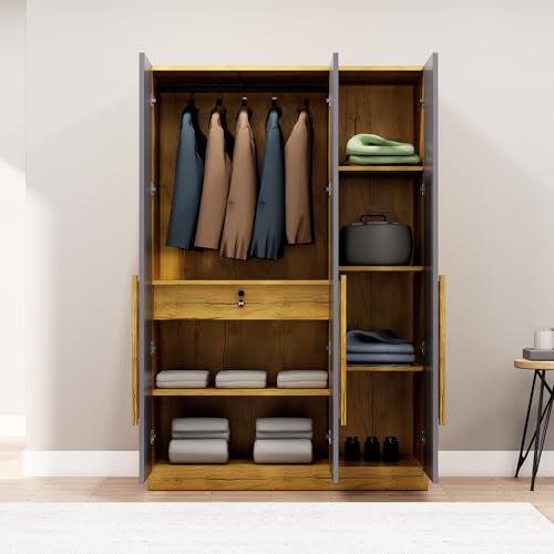 Image of Bniture 3 Door Wardrobe for Bedroom with Lockable Door & Hanging Space | Almirah for Clothes with Elevated Bottom Base | Wardrobe for Storage | 3 Years Warranty (Giant Wood & Slate Grey, HXWB111)