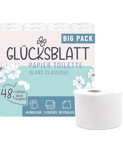Glücksblatt papier toilette 3 plis - 48 rouleaux x 150 feuilles - 100% cellulose - Papier toilette super doux - Réutilisable