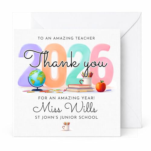 Image of Personalised Teacher Thank You Card, End of Year Gift, Custom Name & School, Balloon Design with Books & Apple, Primary or Nursery Teacher Card