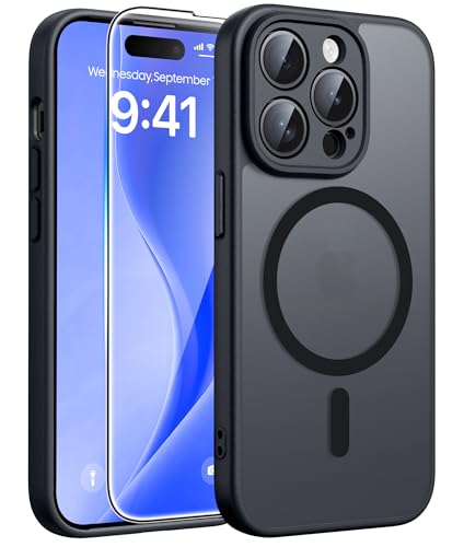 Image of FNTCASE for iPhone 14 Pro Max Case: Magnetic Translucent Matte Slim Cases [Tempered Glass Screen Protector] [Full Camera Protection] Military Grade Shockproof Protective Phone Cover - Black