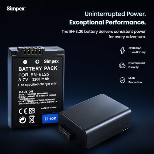 Image of Simpex EN-EL25 Rechargeable Li-ion Camera Battery 3200mAh 7.2V | High-Capacity Replacement Battery Compatible with Nikon Z50, Z30 & Z fc Mirrorless Cameras(Black)