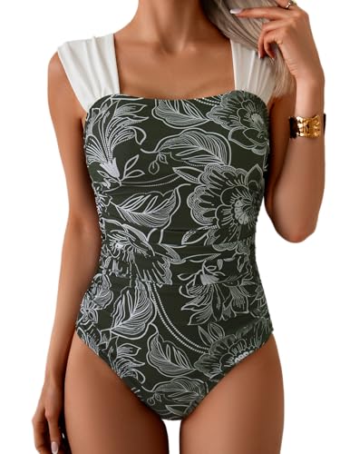 Image of B2prity Womens One Piece Swimsuit Retro Square Neck Tummy Control Bathing Suits Ruched Modest Full Coverage Swimwear