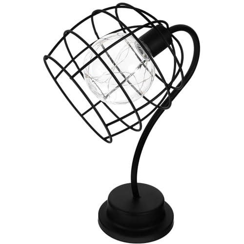 KICHOUSE Lámpara de Mesa Vintage de Hierro Negro Luz LED Cálida Diseño de Jaula Metálica Decorativa Lámpara de Noche Compacta para Escritorio y Oficina