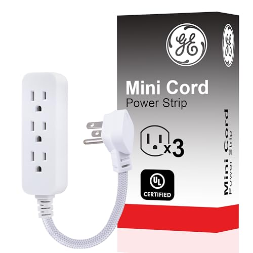 GE 3-Outlet Power Strip Extension Cord with Multiple Outlets 6 Inch Braided Short Cord Extension Cord Grounded Flat Plug Extension Cord ETL Listed White 45190