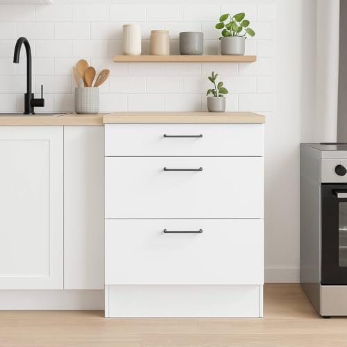 Mobile 3 cassetti Cuggiono, Cassettiera da cucina, Modulo contenitore con cassetti, Base con cassetti estraibili, 60x60 h90 cm, Bianco e Rovere