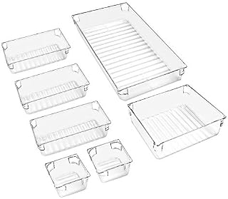 Omew Desk Drawer Organisers, 7 Pcs Clear Drawer Organizer Trays Assorted 4-Size Drawer Dividers, Versatile Storage Boxes Makeup Organiser Set for Bedroom Dresser Bathroom Kitchen Office
