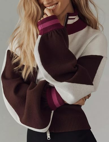 Womens Cardigan Sweaters Double Zip Up Long Sleeve Knitted Jackets Outerwear Color Block Casual Cardigan Coats3