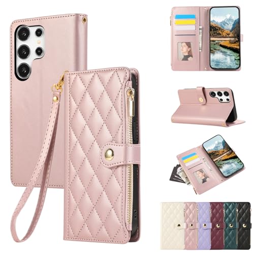 Vaitasy Mobile Phone Case for Samsung Galaxy S26 Ultra Zip Case Business PU Leather Flip Case for Galaxy S26 Ultra Protective Case with Card Slot Stand Rose Gold