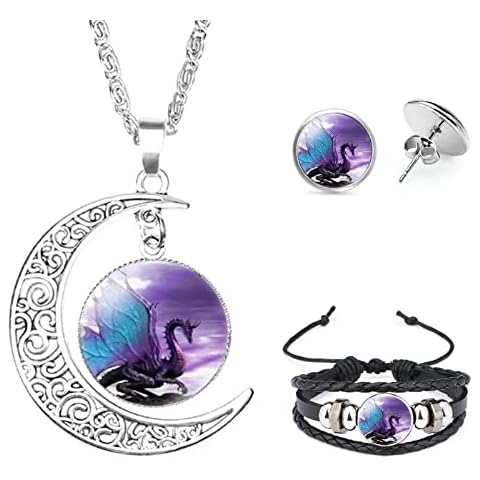 Aquasuki Blue Wing Dragon Moon Pendant Necklace，Bracelet，Earrings Jewelry Set Gifts for Women Men Teen, Multicolor Cover