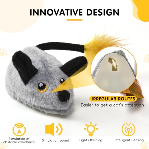 DAOUZL Elektrische Spielmaus für Katzen, Fernbedienung Maus Katzenspielzeug, Interaktives Katzenspielzeug mit LED-Licht Realistischen Geräuschen USB-Aufladung, Katzen (Grau)