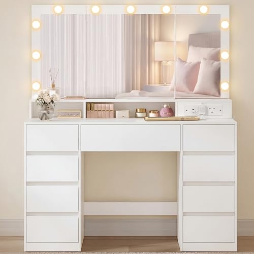 VASAGLE Dressing Table with Tri-Fold Mirror Vanity Table with 11 Bulbs Power Outlets 9 Drawers 3 Colours Tool-Free Drawer Slides Assembly Cloud White KAILYN RDT146WB02