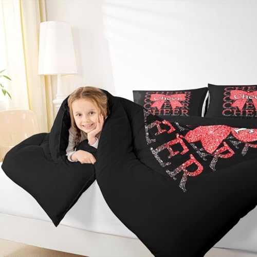 Image of Feelyou Cheer Bow Comforter Set All Season Cheerleader Bedding Set with 1 Pillow Cases Funny Sport Microfiber Kids Toddler Bedclothes Red Bedroom Decor Duvet Quilt Breathable Soft Lightweight