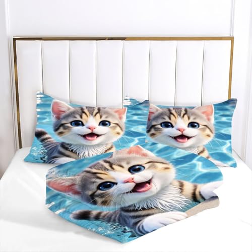Parure couette 220x240 chat mignon microfibre coton lit O26 couverture mi-saison - 3