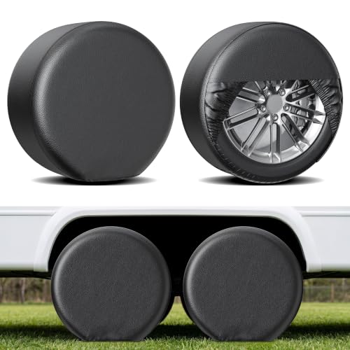Image of Moonet PU Thickening Leather Tire Wheel Covers 2 Pack- Tough Tire Wheel Protector for Truck,SUV,Motorhome,Camper,Trailer,RV - Universal Fits Tire Diameters 19-22 inches,Black
