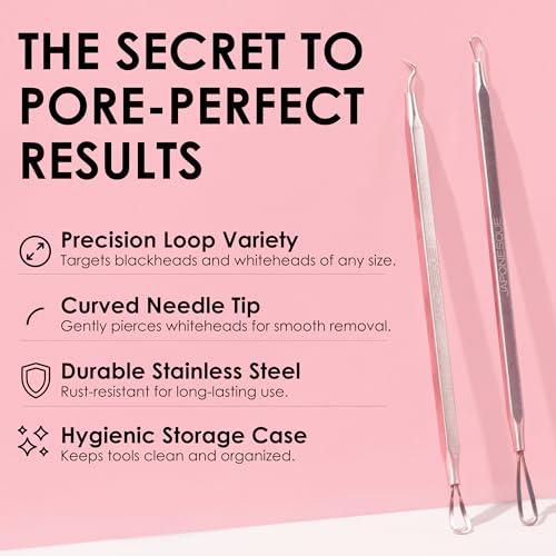 JAPONESQUE Pore-Fection Clear Skin Set, Blackhead Remover and Comedone Extractor Tools, Stainless Steel Pore Cleaning Kit, 2 Piece Acne Tool Set with Travel Case