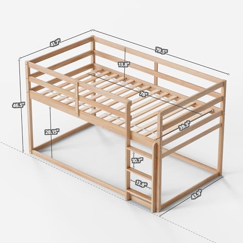 TOLEAD Low Bunk Bed Twin Over Twin, Floor Bunk Bed with Ladder, Twin Bunk Bed with Full Guardrails, Wooden Bunk Bed for Juniors, Boys, Girls, Kids, Bedrooms (Natural) - Thumbnail 2