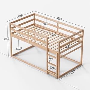 Low bunk bed twin over twin floor bunk bed with ladder twin bunk bed with full guardrails wooden bunk bed for juniors boys girls kids bedrooms natural  urban country home decor
