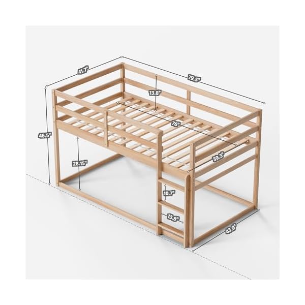 Low bunk bed twin over twin floor bunk bed with ladder twin bunk bed with full guardrails wooden bunk bed for juniors boys girls kids bedrooms natural  urban country home decor