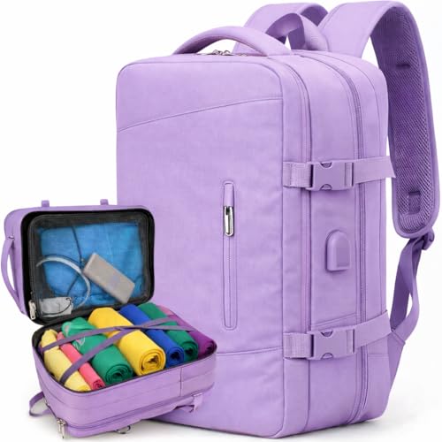 Mochila de Viagem Expansível 40L, Bagagem de Mão 10kg, Impermeável, com Porta USB e Compartimentos Internos, para Escola, Trabalho e Notebook (Lilás)
