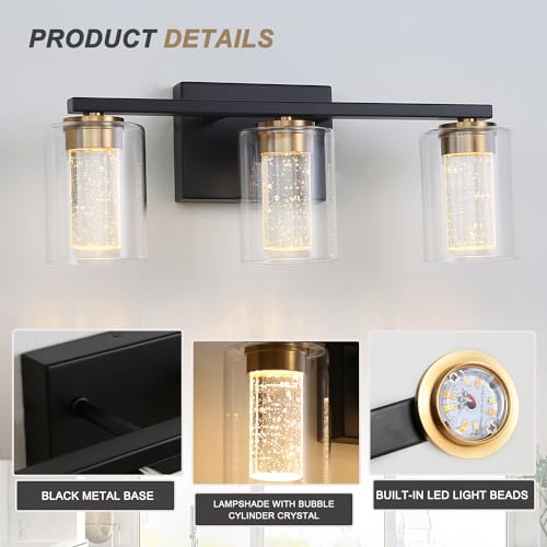 Image of 3-Light Black Bathroom Light Fixture, Dimmable 5CCT Black and Gold Bathroom Vanity Lights, 2700K to 6500K Modern Crystal Bubble LED Wall Sconce Over Mirror with Clear Glass