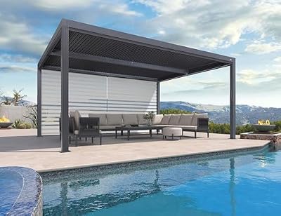 PURPLE LEAF Louvered Pergola 94AS 12' x 16' Outdoor Aluminum Pergola with Shade Screen Adjustable Roof for Deck Backyard Grey Hardtop Gazebo, 1 Long Side