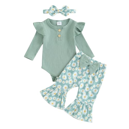 Image of fhutpw Newborn Baby Girl Clothes Rib Frill Long Sleeve Romper Daisy Flared Pants Headband Set 3pcs Fall Winter Outfits
