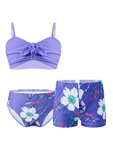 renvena Children Girls 3Pcs Tankini Sets Bowknot Crop Top Bra Briefs Shorts Beachwear Swimwear Bikini