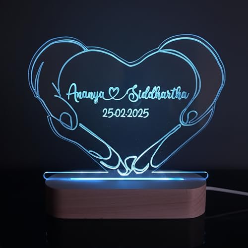 Image of Personalized UV Printed Photo 3D Illusion LED Table Lamp for Couple Gift for Anniversary, Wedding, Marriage, Valentine Day- Your Wooden Base Text Egraved (Multi)