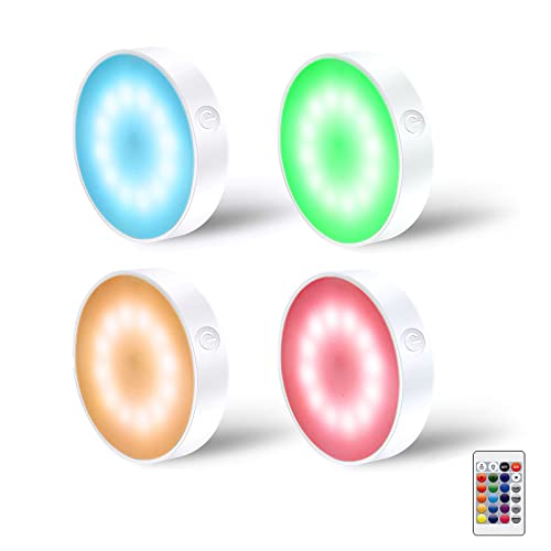 LAVAED 4 Pack RGB+W 16 Color Changing Puck Lights with Remote Control 12LEDs Dimmable Closet Lights,600mAh USB Rechargeable Display Cabinet Lights,Christmas Lights