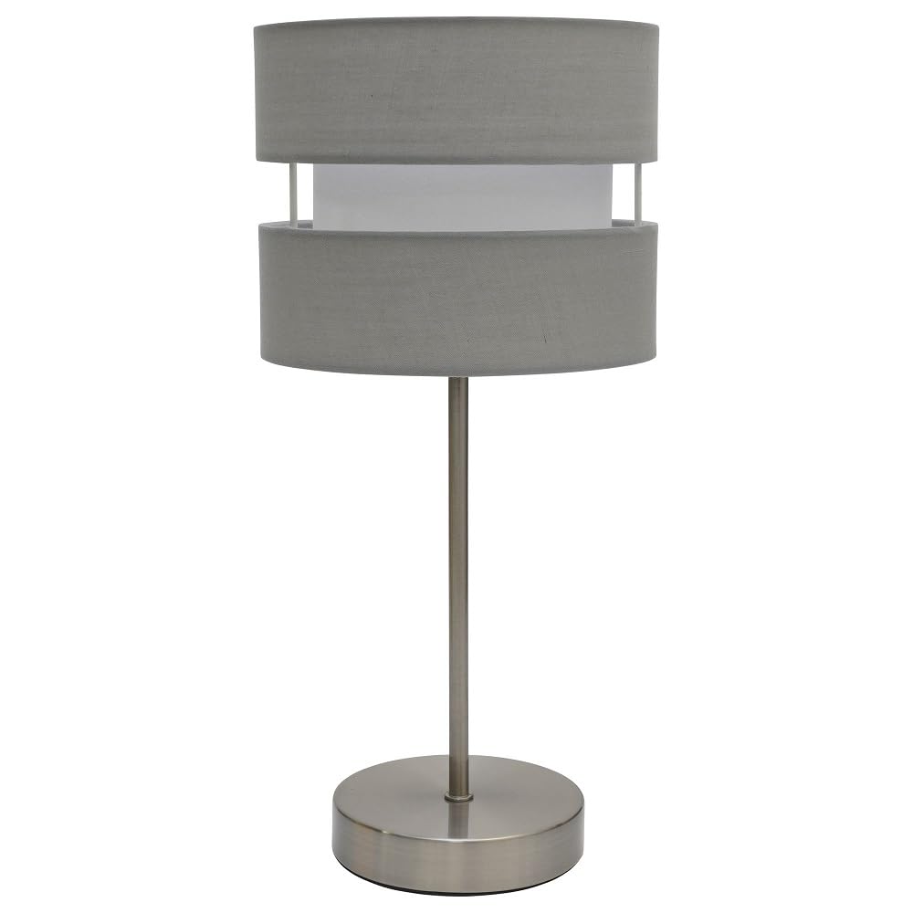Britalia Soft Grey Satin Nickel & Cotton Fabric 2 Tier Drum Shade Modern Table Desk Lamp | 38Cm Height | 1 X Ses E14 Lamp Bulb Required | Uk Approved | Inline On Off Switch | Retro Influence