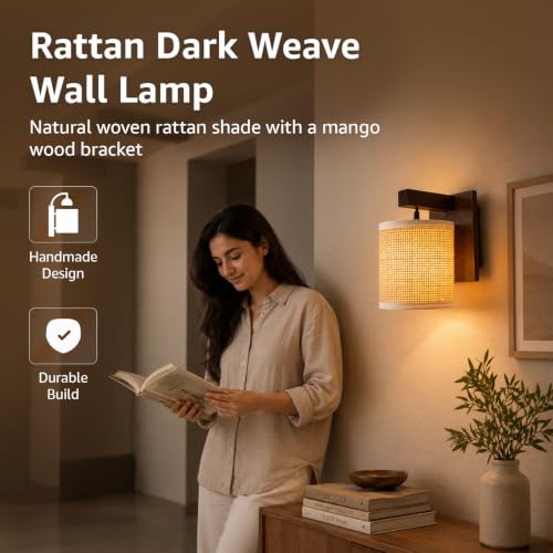 Image of Amazon Basics Rattan Dark Weave Wall Lamp | Natural Rattan Shade with Mango Wood Bracket | E14 Holder | Decorative Wall Light for Bedroom, Living Room & Home Decor