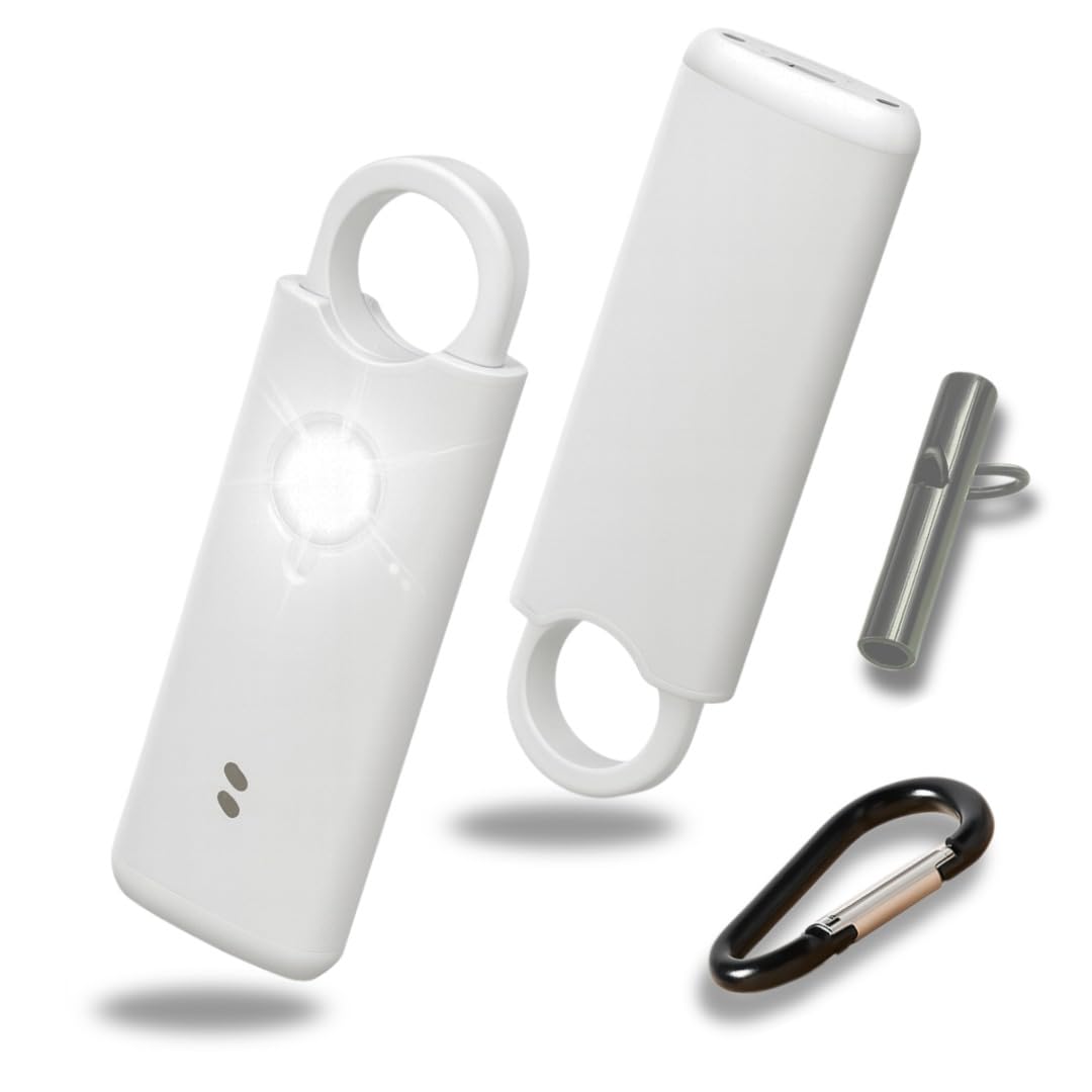 VOLTEK News kit Alarme métal loquet de sécurité (Blanc) Femme Defense + detecteur Porte et fenêtre autodéfense Auto Alarme Mini Autonome + sifflet Urgence personnelle Lampe puissante 135 DB, USB-C