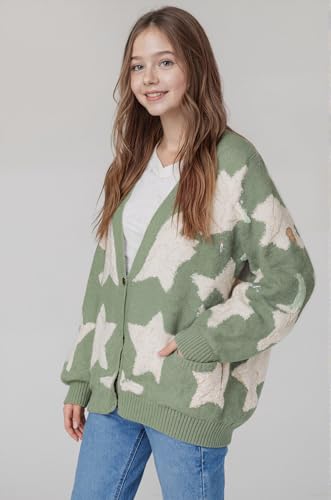 SELINK Girls Cardigan Sweater Sherpa Star Pattern Sweater Cardigan Casual Open Front Chunky Coat with Pockets2