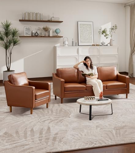 Image of Kingfun Accent Chair Set of 2, Living Room Chairs, Faux Leather Reading Armchair, Mid Century with Solid Wood Foot, Upholstered Modern Decor for Bedroom, Apartment