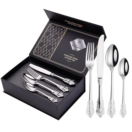 Lot de 24 couverts style cour en acier inoxydable 18/10 - Couteau, fourchette, cuillère - Couverts en argent vintage pour 6 personnes - Couverts argentés vintage pour...