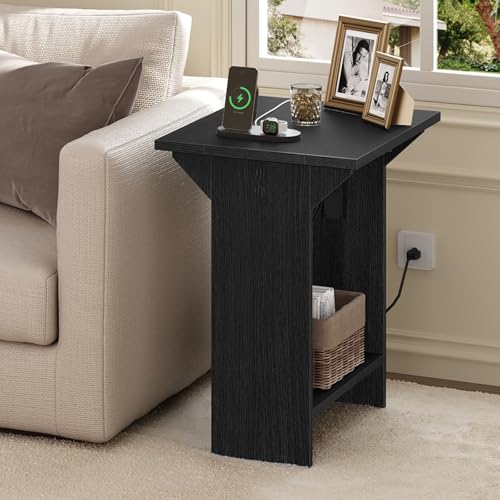 MAHANCRIS Narrow Side Table, Slim End Table with Charging Station, Drop-Leaf Tabletop Bedside Table with Storage Shelf, Nightstand for Small Spaces, Living Room, Bedroom, Black ETBK74E01