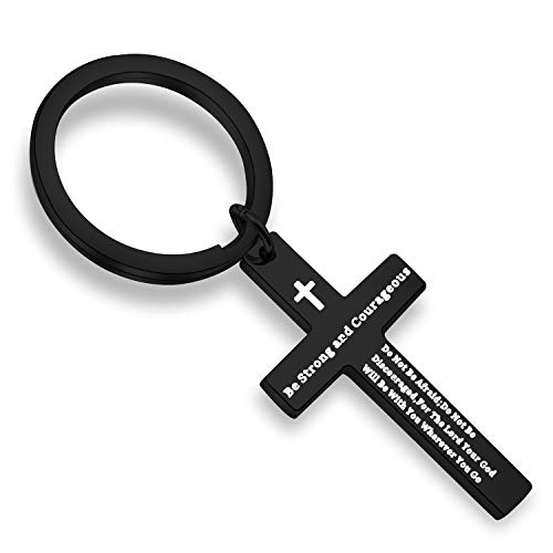 QIIER Christian Keychain Be Strong and Courageous Joshua 1:9 Bible Verse Dog Tag Pendant Keychain Religious Jewelry Inspirational Gifts (cross-black)