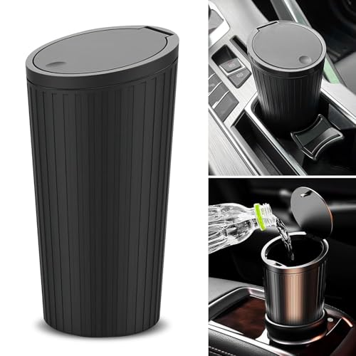 Image of Car Trash Bin with Push Lid and Detachable Hook - Clamshell Garbage Container for Car Door, Armrest Box, Seat Back Pocket or Desk (Pack of 1) (Car Cup Holder Trash Can)