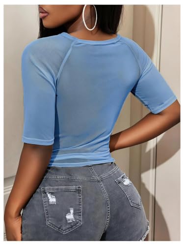 Image of RoseSeek Women's Sheer Mesh Letter Graphic Tees Short Sleeve Crew Neck Y2K Vintage Summer Going Out Crop Tops